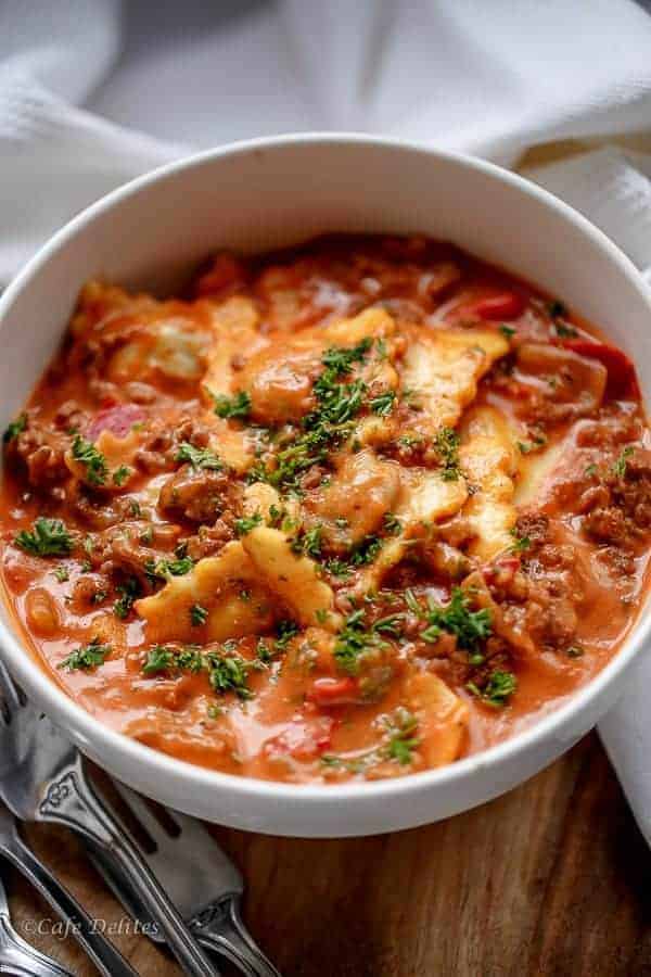 Savory One-Pot Ravioli: Creamy Beef Sauce & Grilled Cheese Croutons